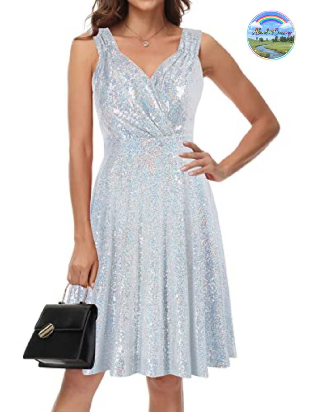 Sequin V-Neck A-Line Midi Dress Sleeveless Glitter Party Cocktail